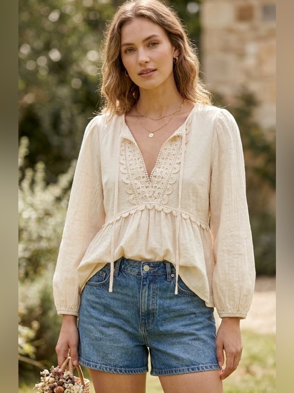 Max Studio Cream Boho Crochet Lace-Trim Peasant Blouse - Women's Top Size Small - Picture 2 of 11